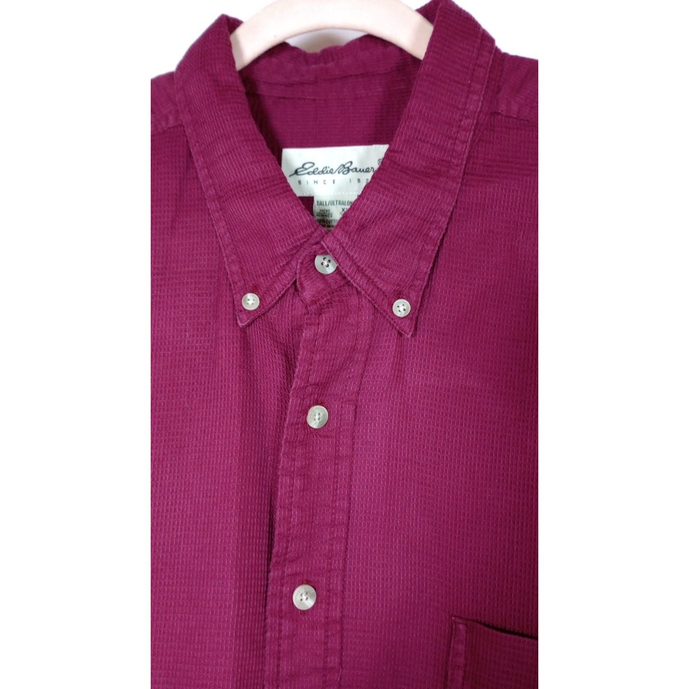 VTG Eddie Bauer Burgundy XXL Waffle Button Shirt L/S 100% Cotton Tall/Ultra Long - Picture 3 of 8